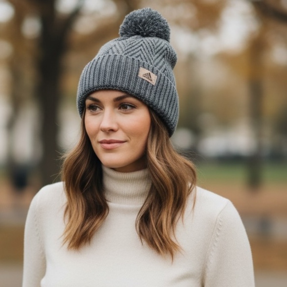 adidas Charcoal Knit Beanie with Pom-Pom, new
